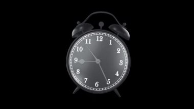 Sabah 9 'da saat alarmı. Siyah arka planda eski mekanik çalar saat. Sabah 9 'da kalk. Alfa ve yeşil mat. 3d canlandırma canlandırması