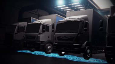 Teknoloji Konsepti 3 boyutlu canlandırma. Kargo Kargo Karavanı Eyaleti 'nin gece garajında Sensörler Tarayıcı ile çevrili otonomik fütüristik bir kamyonet. Otobanı Dijitalleştirmenin Özel Efektleri