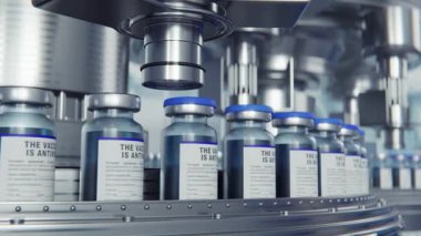 Tıbbi damlalar, insülin ya da ampul üretimi için bir fabrika. Şişeleri salin veya aşı ile paketlemek için sıra. 3d canlandırma döngüsü oluşturuldu