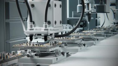 Teknoloji, geleceğin Macro Shot sahnesi. Otomatik Seçme ve Yerleştirme makinesi hızla devre panosuna bileşenleri yükler. Elektronik ve Devre Üretim Fabrikası. Döngüsel 4k