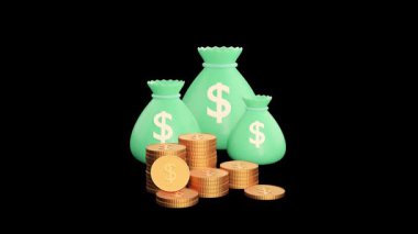 Bozuk para torbaları doluyor. Dolar ile para çantası, dolar ikonu ile dolar çanta, para çantası ve bozuk para ile finansal iş animasyonu