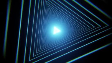 Mavi üçgenler, yakınlaşan ışık duvarlarını şekillendirir. Yüksek teknoloji bilim kurgu tüneli. Parlak oklar yönlü tünel. Teknolojik siber uzayda uçmak. 3D canlandırma 4k