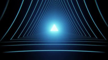 Mavi üçgenler, yakınlaşan ışık duvarlarını şekillendirir. Yüksek teknoloji bilim kurgu tüneli. Parlak oklar yönlü tünel. Teknolojik siber uzayda uçmak. 3D canlandırma 4k