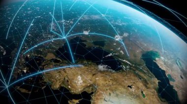 Crypto Exchange Global Connection Lines. Futuristic AI Technology, 5G. Big Data, Digital World Background Animation. Network Data Transfer Over Earth. Satellite Communication, Internet Connectivity