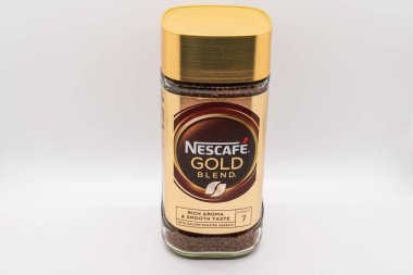 Wolverhampton, England - February 4 2023: Nescafe Gold Blend UK Version coffee jar isolated on a white background