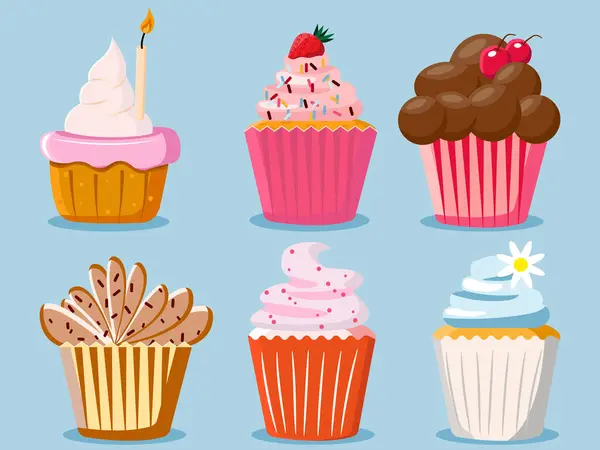 Coleção Desenhos Animados Cupcakes Coloridos Com Bela Cobertura — Vetor de Stock