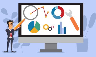 Web tabanlı analitik veri araştırma düz vektörüne bakan işadamı