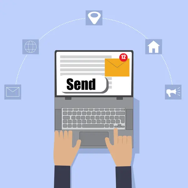 E-posta pazarlama kampanyası konsepti, müşterilere dijital e-posta gönderme, e-posta bülteni stratejisi