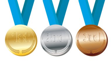 Beyaz arka planda Spor Madalyası, Altın Gümüş ve Bronz ödüllü vektör