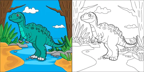 Şirin bir karikatür dinozor boyama sayfası hem ana hatlarıyla hem de renkleriyle