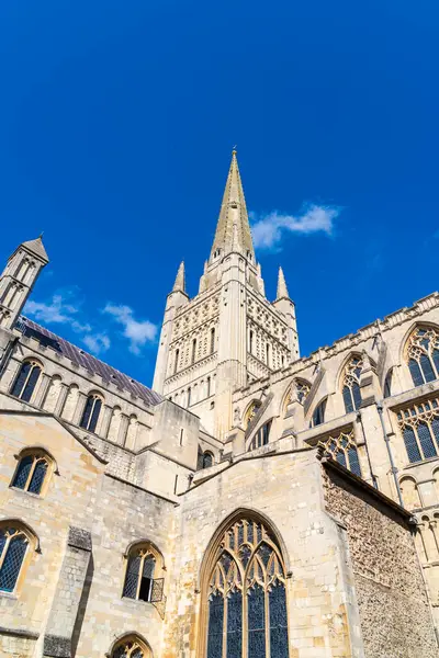 Portre yönelimindeki yoldan Norwich Katedrali 'nin görüntüsü