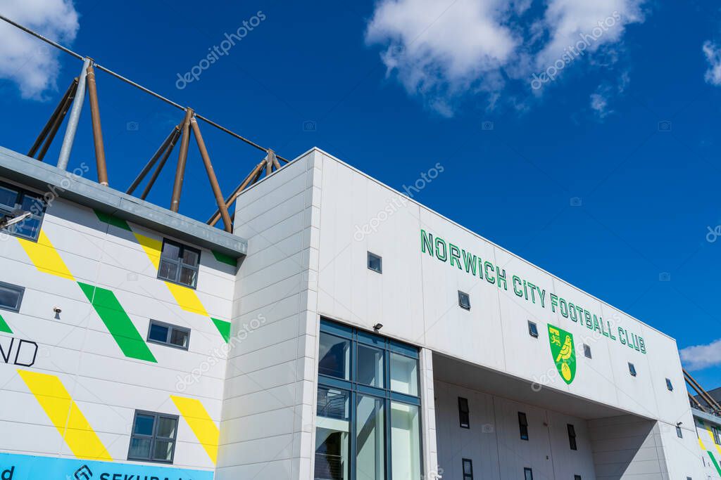Norwich, UK - August 30 2024: Frontage of the UK football team Norwich City stadium with club logo and name of team