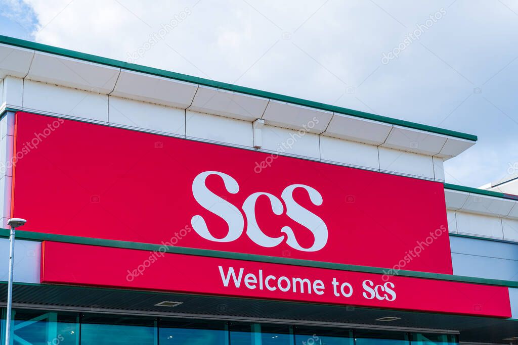Wednesbury, UK - May 23 2025: Front signage of UK based sofa and home furnishing retailer, SCS