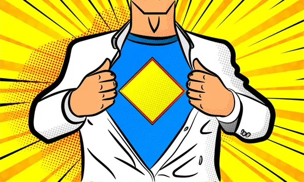 Süper kahraman karakter açılış tişörtü yarım tonlu eski bir pop tarzı çizgi film.