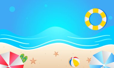 Metnin, tatilin ya da güneş şemsiyelerin, yıldız balıkların, kumların ve okyanusların olduğu tatil konseptin için fotokopi alanı olan güzel yaz sahnesi