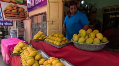 Alphonso mangosu meyve pazarında düzenli görünüyor. 