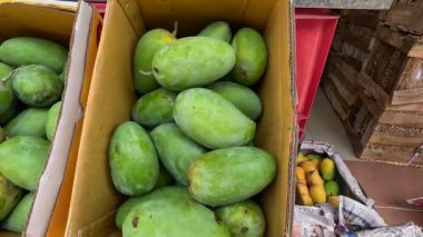 Alphonso mangosu meyve pazarında düzenli görünüyor. 