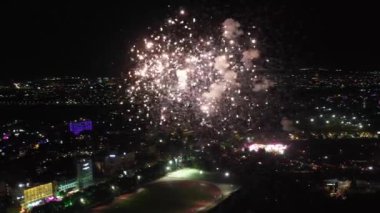 Işıkları, havai fişekleri ve havai fişekleri olan gece şehri