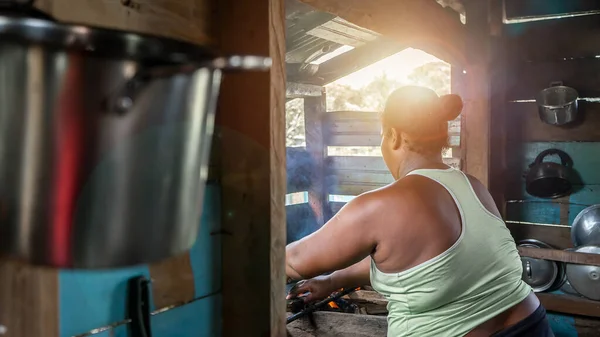 Chudá Domorodá Dospělá Žena Vaří Tradiční Nikaragujské Karibské Jídlo Doma — Stock fotografie