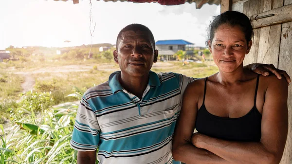 stock image Indigenous man and woman from the Caribbean of Nicaragua and Central America hugging and looking at camera, photo with copy space