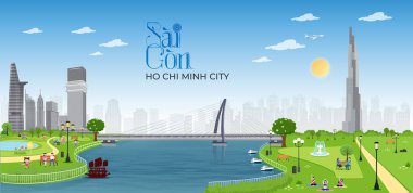 Ho Chi Minh City Saigon 'un düz vektör illüstrasyonunda Landmark 81, Bitexco Tower ve Thu Thiem Köprüsü gibi ikonik binalar yer alıyor. Seyahat blogları, eğitim içeriği, turizm posterleri ve Vietnam şehir rehberleri için mükemmel....