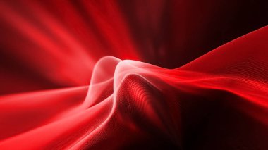 Soyut kırmızı parlak ışık dalgalarının, parçacıkların ve koyu arkaplan üzerindeki etkilerinin bir tasviri