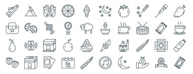 Peyzaj, çanta, armut, çilek, dua hasırı, mango, rapor için ay simgeleri, sunum, diyagram, web tasarımı, mobil uygulama gibi 40 ana hatlı web ramazanı ve bayram simgelerinden oluşan bir set