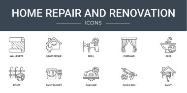 Rapor, sunum, diyagram, web tasarımı, mobil tasarım, cep telefonu gibi 10 ana hatlı web evi onarımı ve yenileme ikonu seti