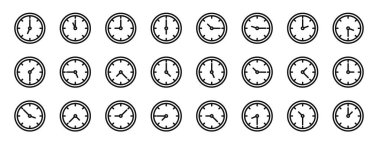 Rapor için saat, saat, vektör simgeleri, sunum, diyagram, web tasarımı, mobil uygulama gibi 24 ana hatlı web saat simgesi kümesi