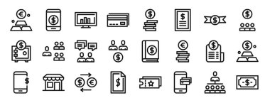 Avro, çevrimiçi ödeme, bilgisayar, kredi kartı, madeni paralar, fatura, rapor için sikke vektör simgeleri, sunum, diyagram, web tasarımı, mobil uygulama gibi 24 ana hatlı dijital pazarlama ikonu
