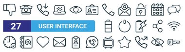 Web tasarımı için 27 ana hatlı web kullanıcı arayüzü simgesi seti, telefon, çağrı, e- posta, kapatma, iletişim defteri, eski TV, web tasarımı için anahtar vektör ince çizgi simgeleri, mobil uygulama.