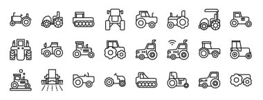 Rapor için traktör, traktör, vektör simgeleri, sunum, diyagram, web tasarımı, mobil uygulama gibi 24 ana hatlı web traktör simgesi kümesi