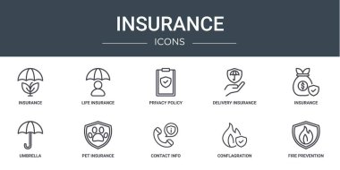Sigorta, hayat sigortası, gizlilik politikası, dağıtım şemsiyesi, rapor, sunum, diyagram, web tasarımı, mobil uygulama gibi 10 ana hatlı web sigorta ikonu seti
