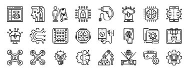 Rapor için 24 ana hatlı yapay zeka simgesi seti: hine öğrenme, insan zekası, itme arabası, siber güvenlik, sondaj, bulut yedekleme, nöral ağ vektör simgeleri, sunum,