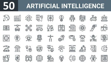 Matkap, prototip, bulut hesaplama, mobil şarj, mikroişlemci, yaratıcı zihin, rapor için ince robot vektör simgeleri, sunum gibi 50 ana hatlı yapay zeka simgesi,