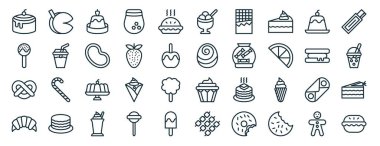 Talih kurabiyesi, kek patlağı, kraker, kruvasan, dondurma, sakız, rapor için şerbet ikonları, sunum, diyagram, web tasarımı, mobil uygulama gibi 40 ana hatlı tatlı ikonu