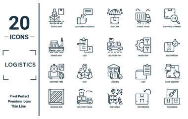 Lojistik doğrusal simge seti. İnce çizgili kargo gemisi, kargo gemisi, nakliye zamanı, tahta kutu, ambalaj, teslimat minibüsü, rapor için el teslim simgeleri, sunum, diyagram, web tasarımı