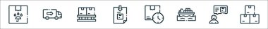 Teslimat çizgisi simgelerinin ana hatları. Kutu, dolum, palet, sipariş, teslimat zamanı, kargo gemisi, destek, kutular gibi doğrusal vektör simgeleri
