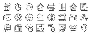 Rapor için takvim, zamanlayıcı, video çağrısı, ev, yazıcı, clo, akıllı ev vektör simgeleri, sunum, diyagram, mobil uygulama gibi 24 ana hatlı web çalışma simgesi seti