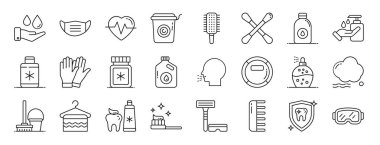 Su, maske, kalp atışı, çöp tenekesi, saç fırçası, pamuk çubuğu, raporlama, sunum, diyagram, web tasarımı, mobil uygulama gibi 24 ana hatlı web hijyen ikonu seti