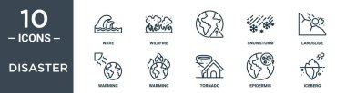 Afet ana hatları ikonu seti ince çizgi dalgası, orman yangını, kar fırtınası, heyelan, ısınma, rapor için ikonlar, sunum, diyagram, web tasarımı içerir