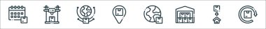 Teslimat çizgisi simgelerinin ana hatları. dağıtım tarihi, drone, nakliye, konum kodu, teslimat, depo, geri ödeme gibi doğrusal vektör simgeleri