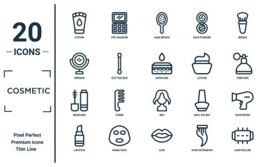 Kozmetik doğrusal simge seti. Rapor için ince çizgi losyonu, ayna, rimel, ruj, saç silindiri, cilt kurutma ikonları, sunum, diyagram, web tasarımı