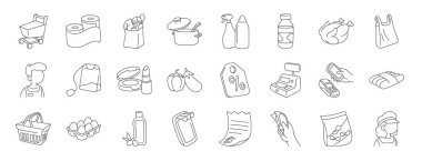 Tramvay arabası, tuvalet kağıdı, kağıt torbası, pişirme kabı, temizlik ürünleri, süt şişesi, rapor için kızarmış tavuk vektör simgeleri, sunum, diyagram, web sitesi gibi 24 ana hatlı süpermarket simgesi seti