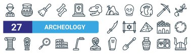 Meslek, kavanoz, fırça, iskelet, hazine haritası, lahit, tabut, internet tasarımı için Viking miğferi çizgisi, mobil uygulama gibi 27 ana hatlı web arkeoloji simgesi seti.