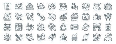 Onigiri, mektup, bank, sakura, bilet, kamera, rapor için çay ikonları, sunum, diyagram, web tasarımı, mobil uygulama gibi 40 ana hatlı web sakura festivali ikonu