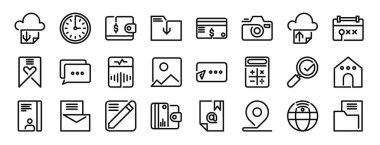 Rapor için dosya indirme, saat, cüzdan, indirme, kredi kartı, kamera, dosya vektör ikonları, sunum, diyagram, web tasarımı, mobil uygulama gibi 24 ana hatlı web arayüzü simgesi seti