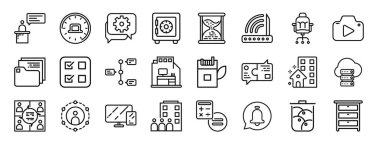 Rapor için konferans, çalışma saatleri, tartışma, güvenli kutu, kum saati, yönlendirici, sandalye vektör simgeleri, sunum, diyagram, mobil uygulama gibi 24 ana hatlı web çalışma simgesi seti