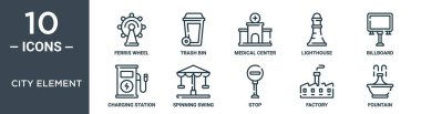 Şehir element ana hatları simgesi seti ince çizgi dönme dolap, çöp kutusu, sağlık merkezi, deniz feneri, billboard, şarj istasyonu, rapor için dönen salıncak simgeleri, sunum, diyagram, web tasarımı içerir