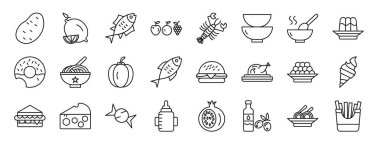 Patates, limon, ton balığı, meyve, ıstakoz, kase, çorba vektör simgeleri, rapor için sunum, diyagram, web tasarımı, mobil uygulama gibi 24 ana hatlı web gastronomisi simgesi seti